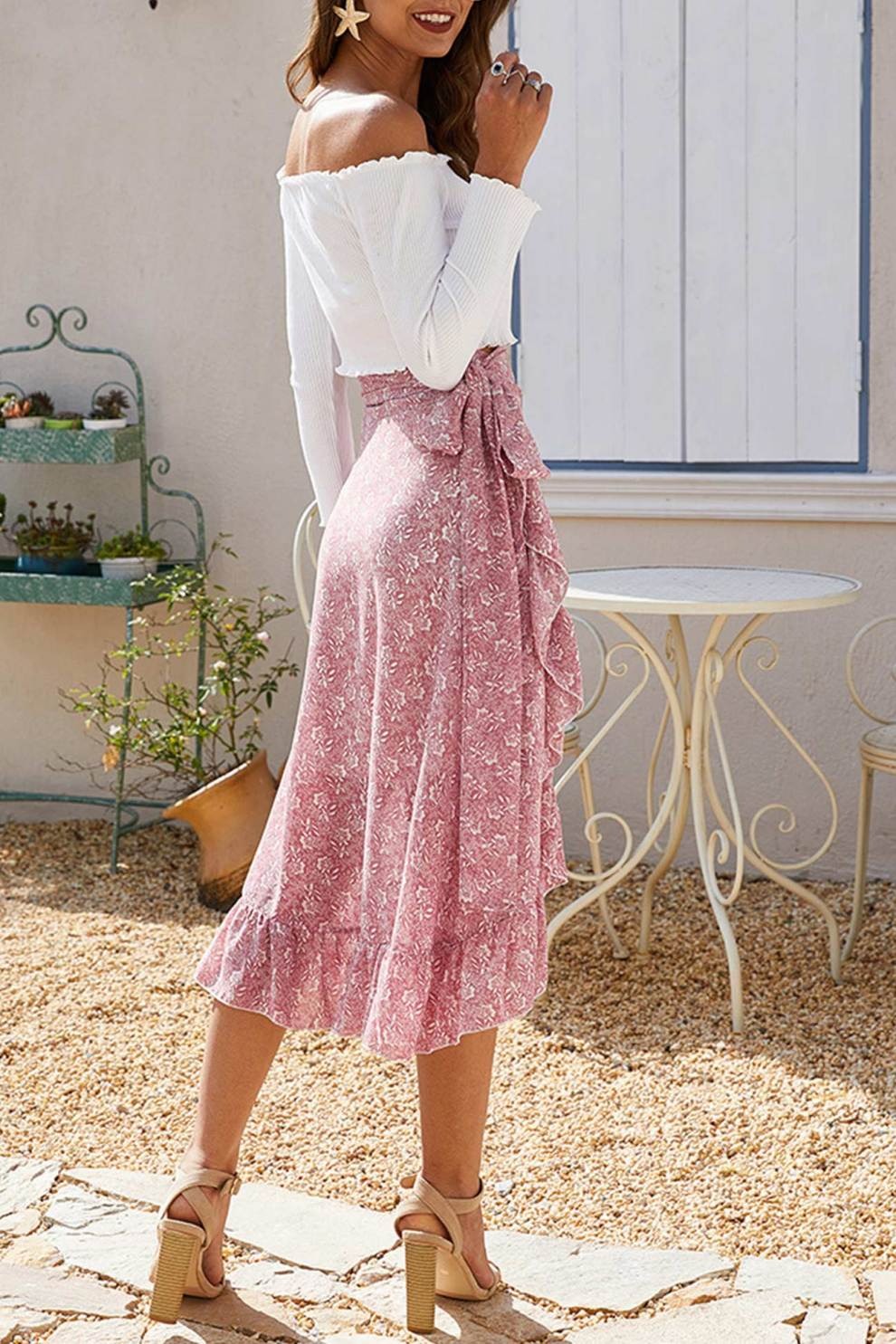 Floral Print Ruffle Slit Midi Skirt