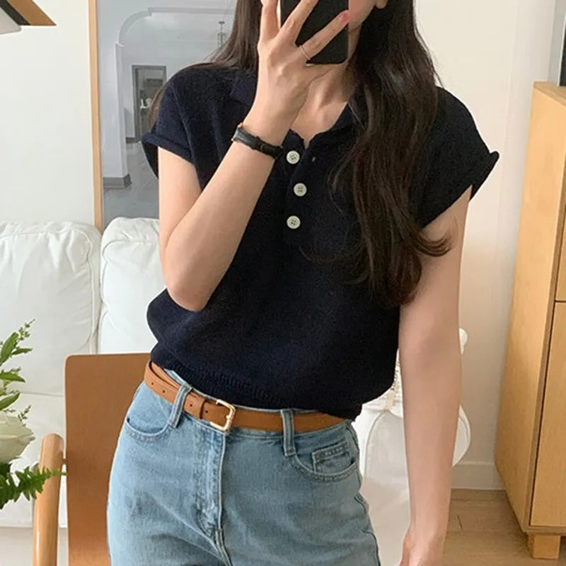 Black Knit Lapel Short Sleeve Tops