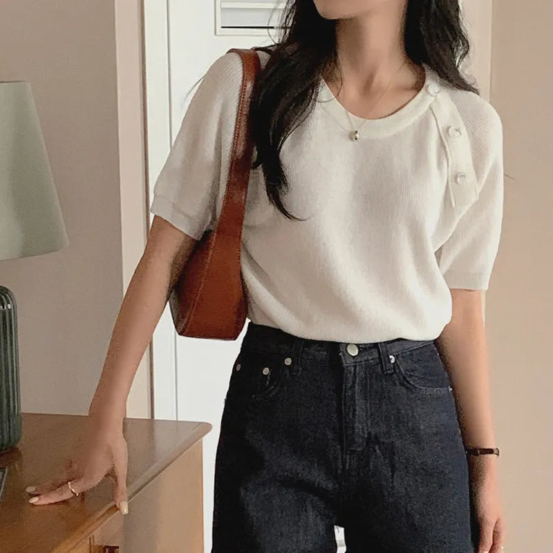 White Casual Knit Short Sleeve Tops