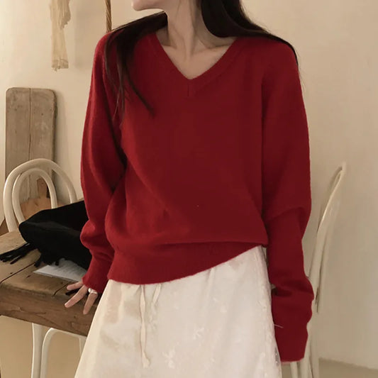 Red Casual Vintage V-Neck Sweater