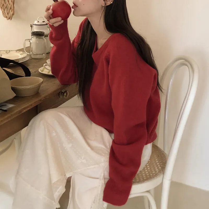 Red Casual Vintage V-Neck Sweater