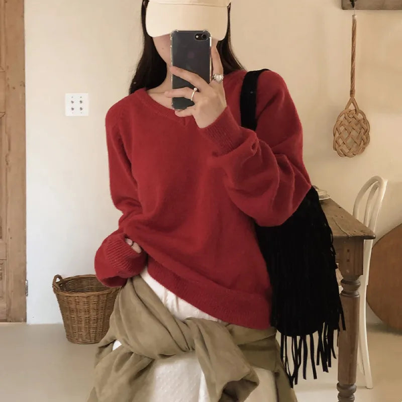 Red Casual Vintage V-Neck Sweater