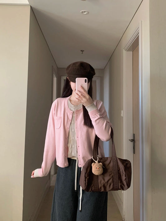 Pink False Two Piece Small Pocket Sweater