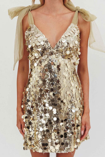 Tie-up Low Cut Sequin Mini Dress