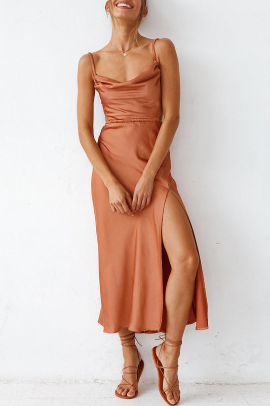 Cowl Neck Tie-back Slit Cami Dress