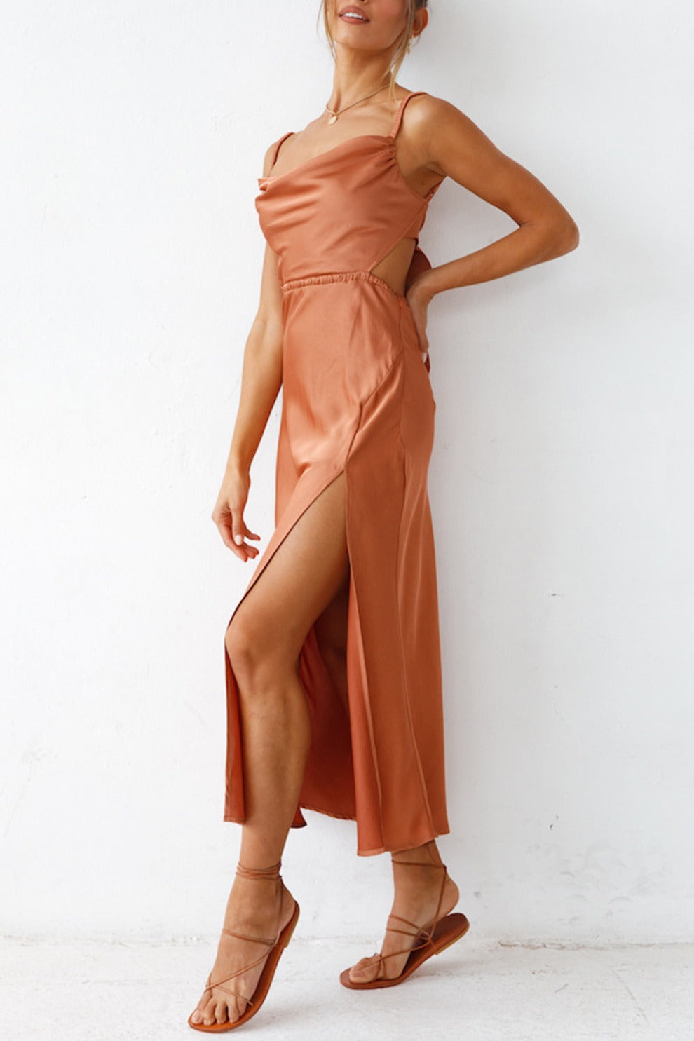 Cowl Neck Tie-back Slit Cami Dress