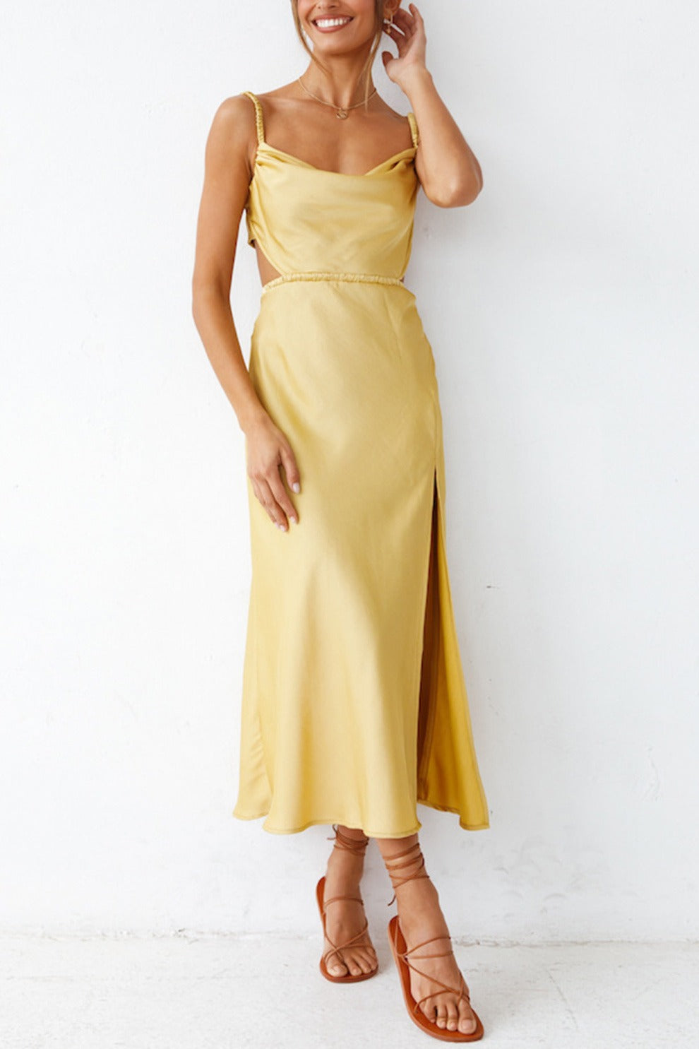 Cowl Neck Tie-back Slit Cami Dress