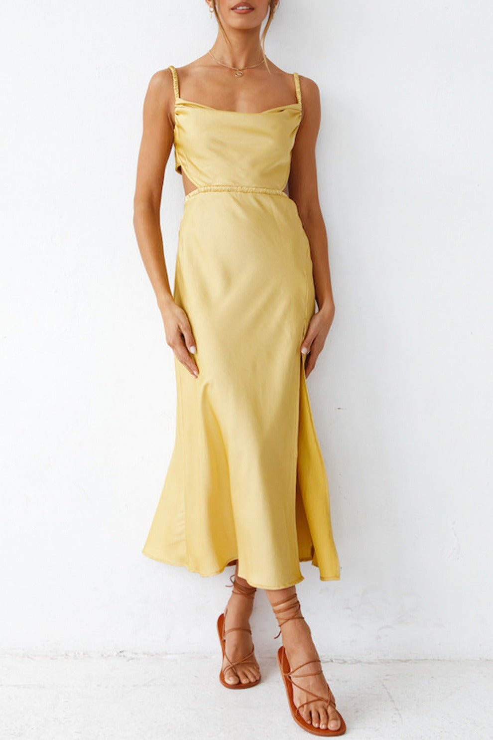 Cowl Neck Tie-back Slit Cami Dress
