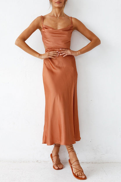 Cowl Neck Tie-back Slit Cami Dress