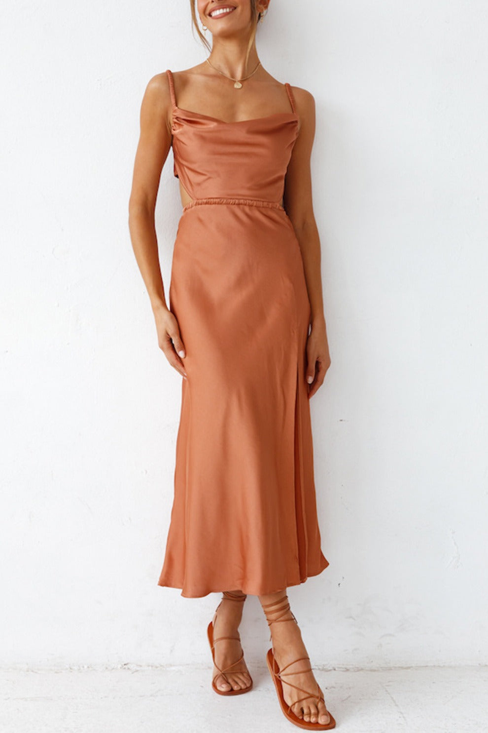 Cowl Neck Tie-back Slit Cami Dress