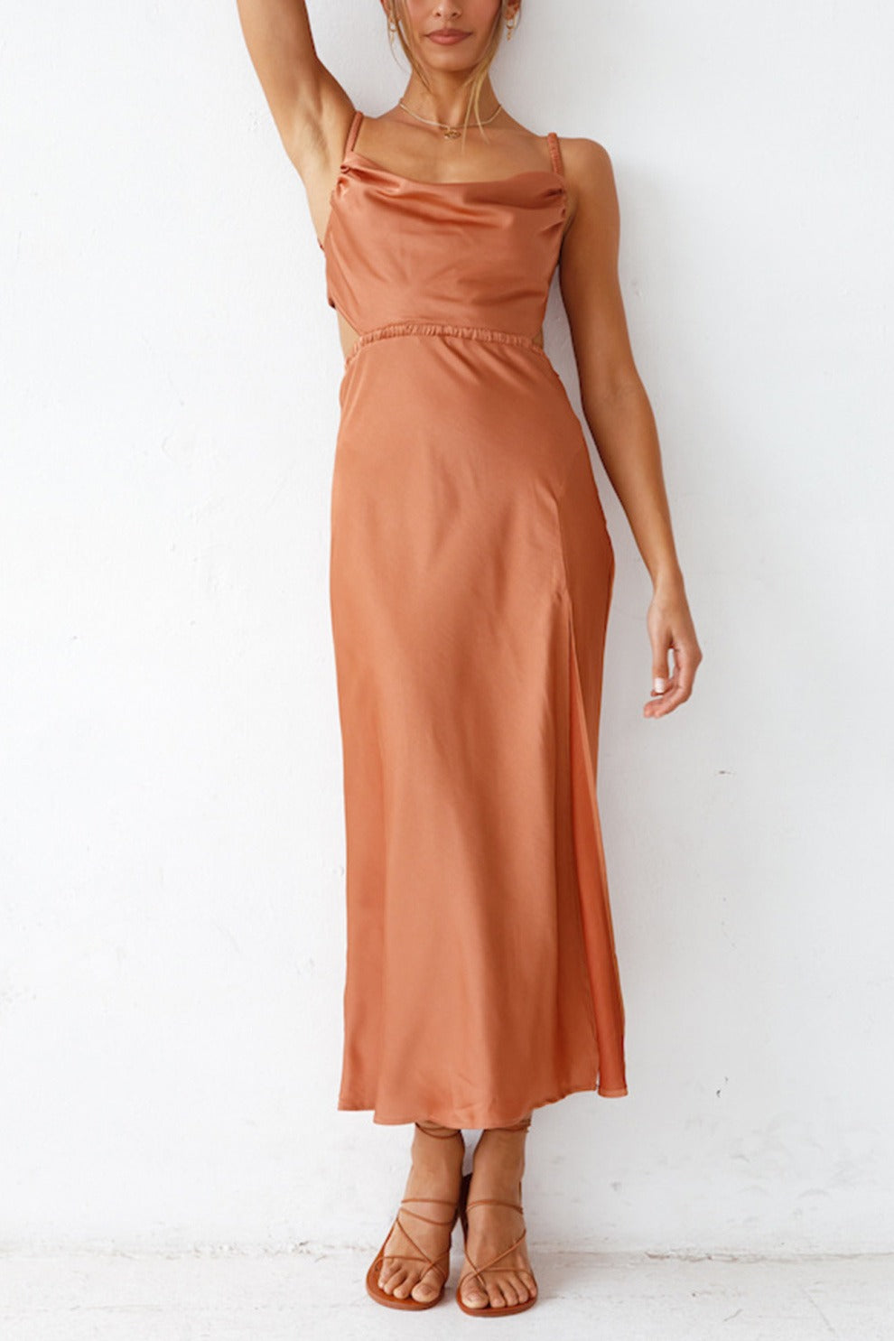 Cowl Neck Tie-back Slit Cami Dress