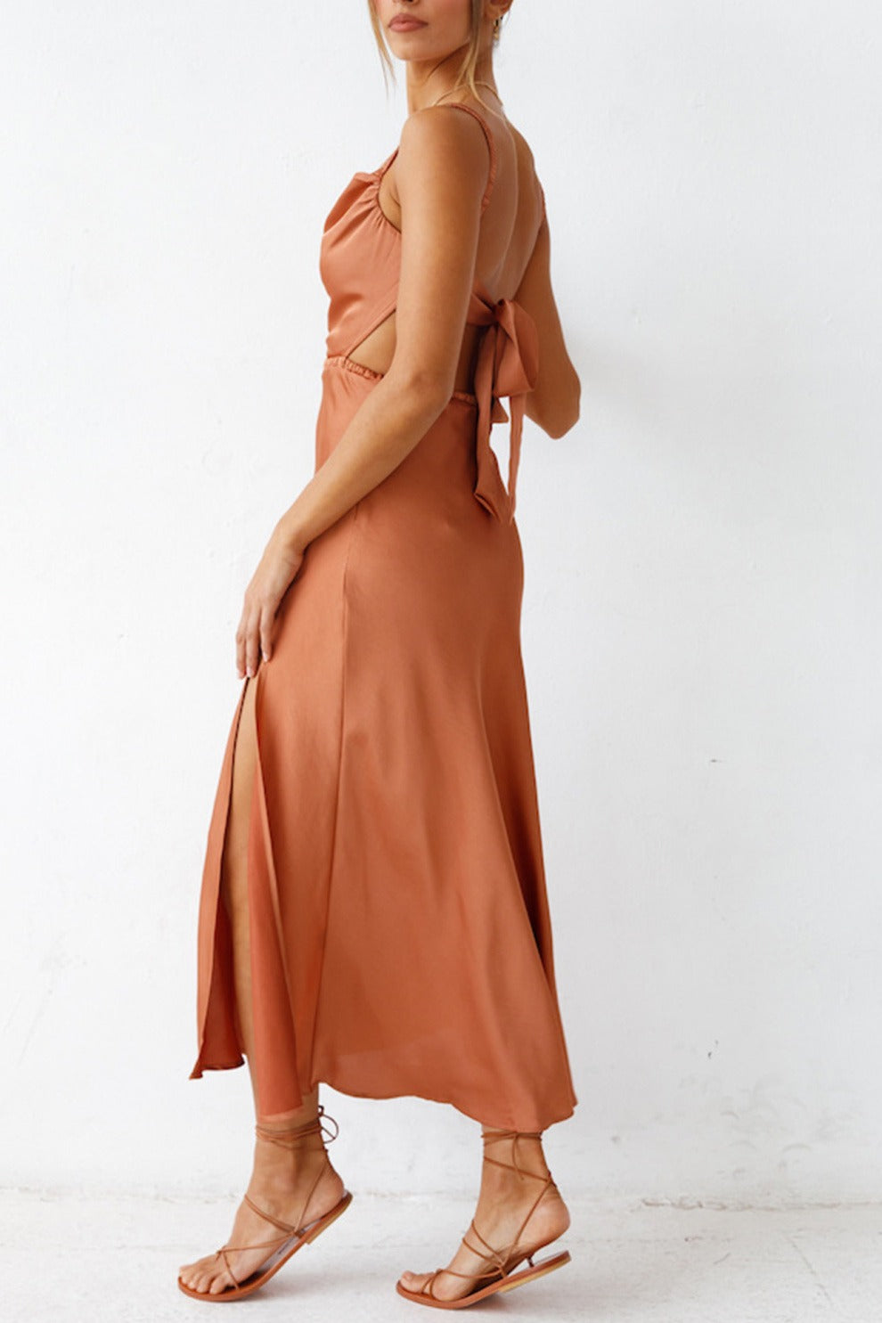 Cowl Neck Tie-back Slit Cami Dress