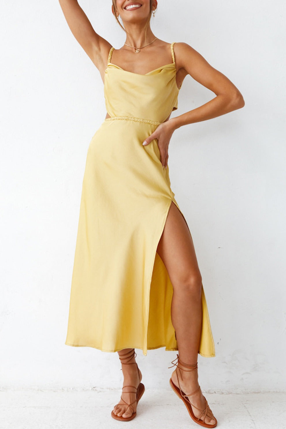 Cowl Neck Tie-back Slit Cami Dress