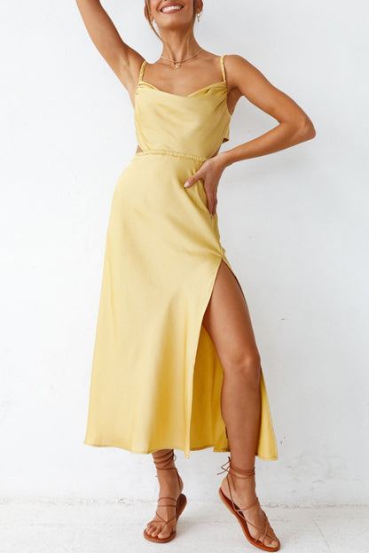 Cowl Neck Tie-back Slit Cami Dress