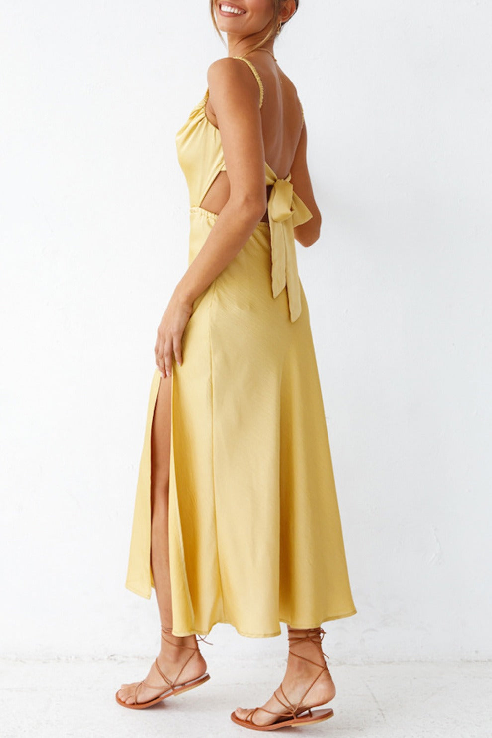 Cowl Neck Tie-back Slit Cami Dress