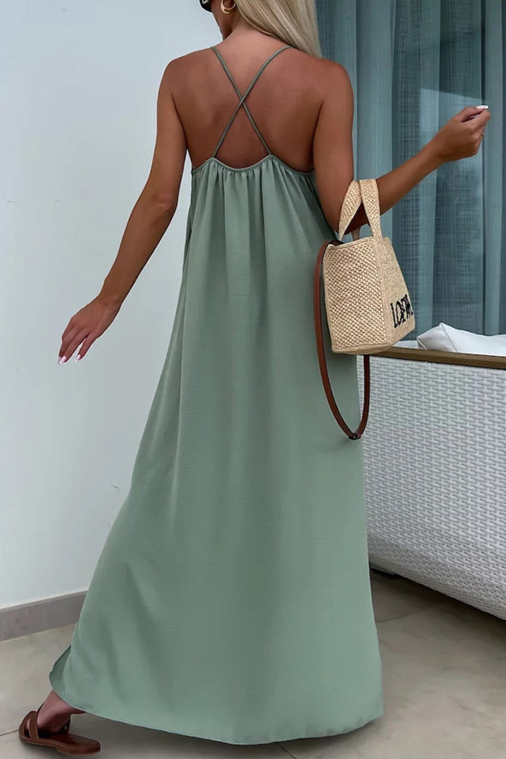 Crisscross Backless Slit Cami Dress