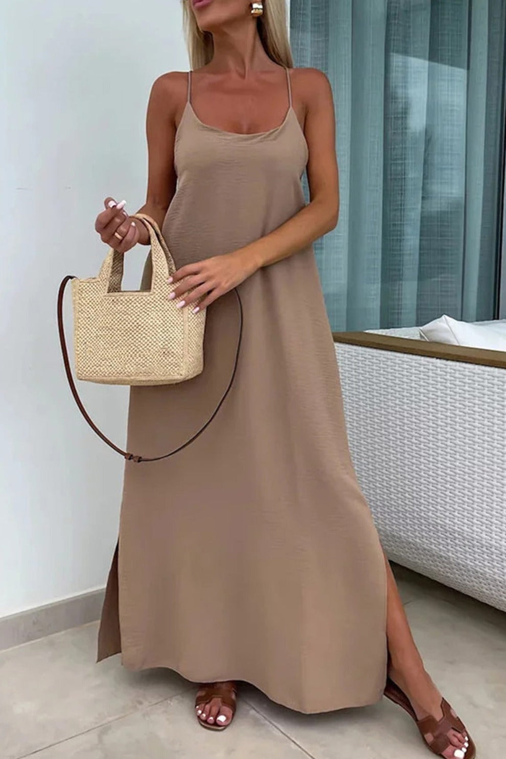 Crisscross Backless Slit Cami Dress