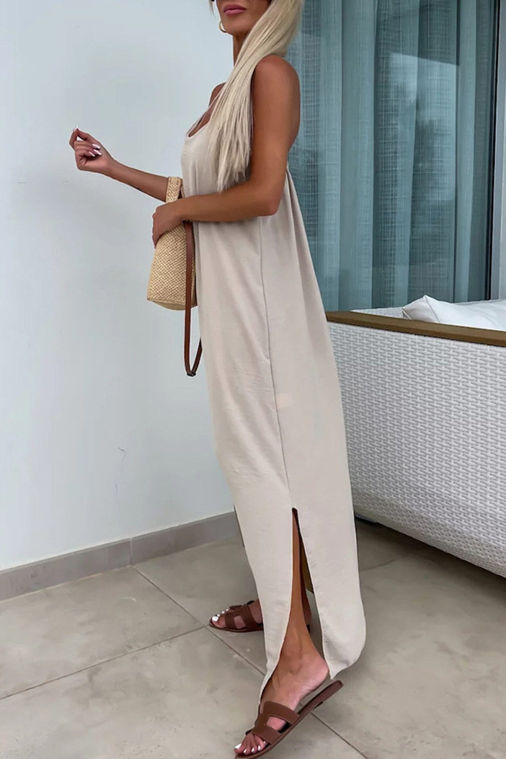 Crisscross Backless Slit Cami Dress