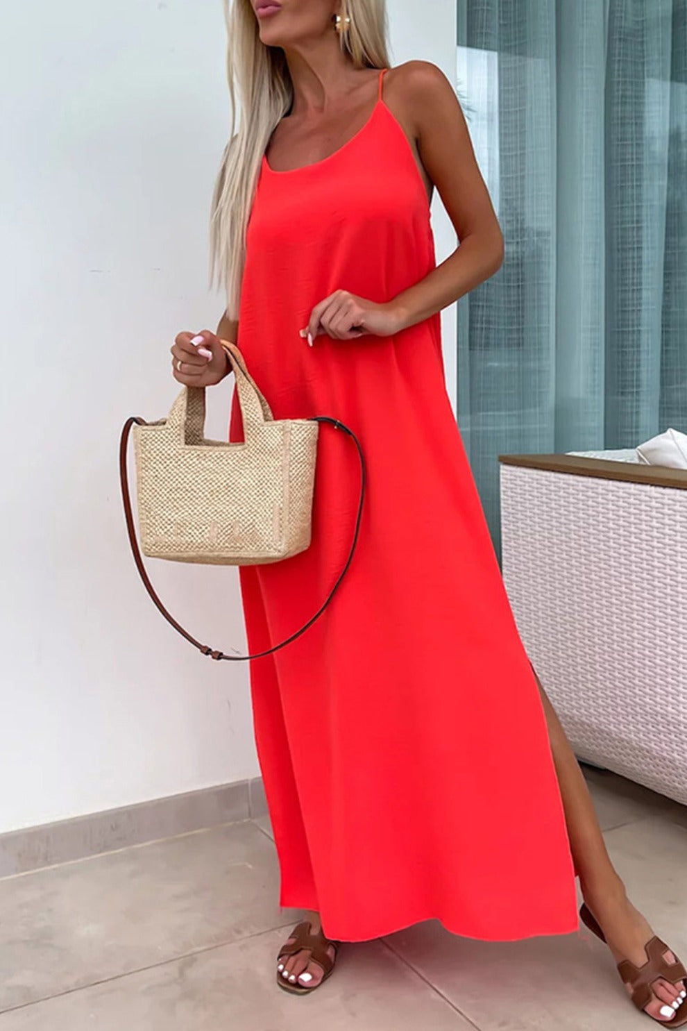 Crisscross Backless Slit Cami Dress