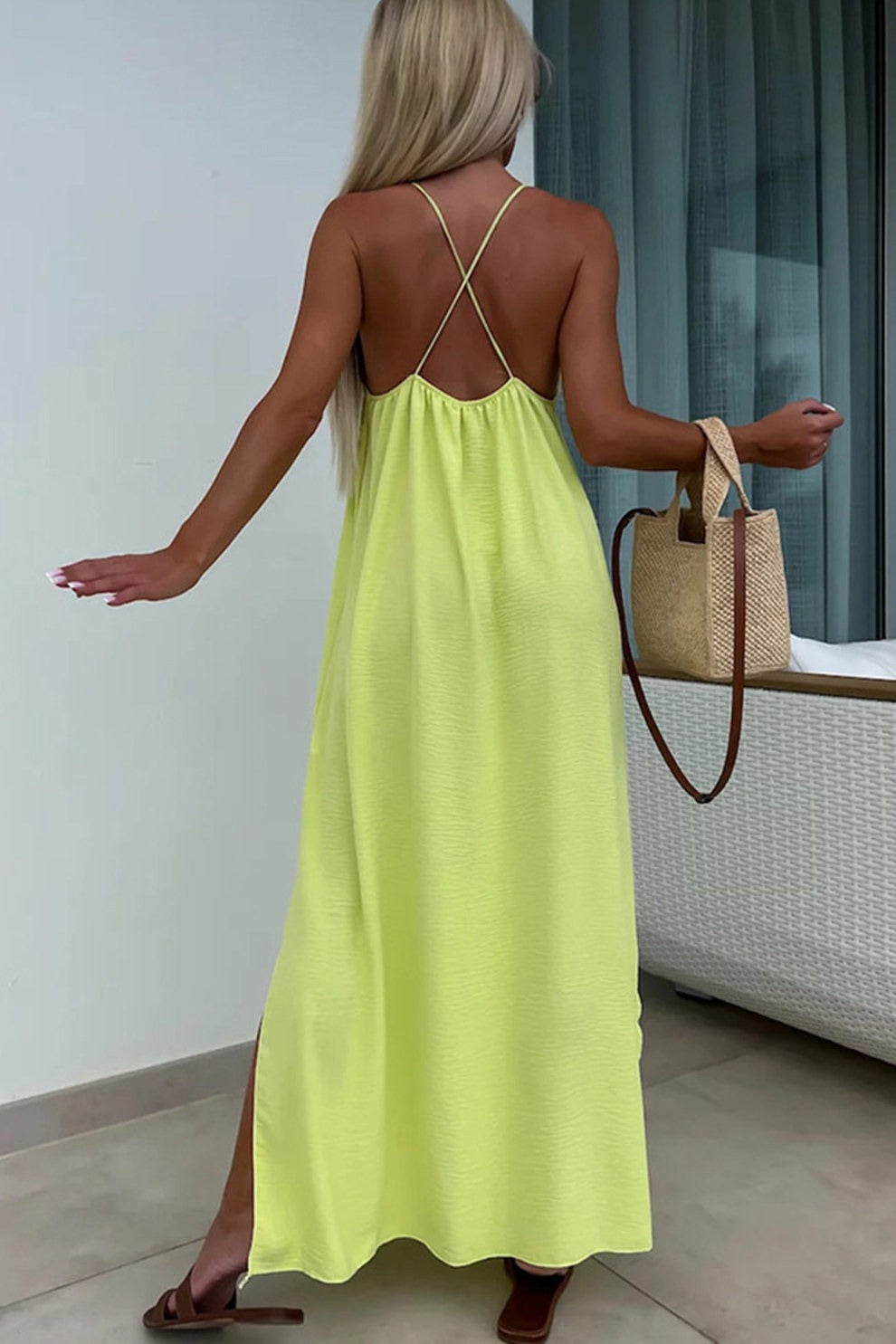 Crisscross Backless Slit Cami Dress