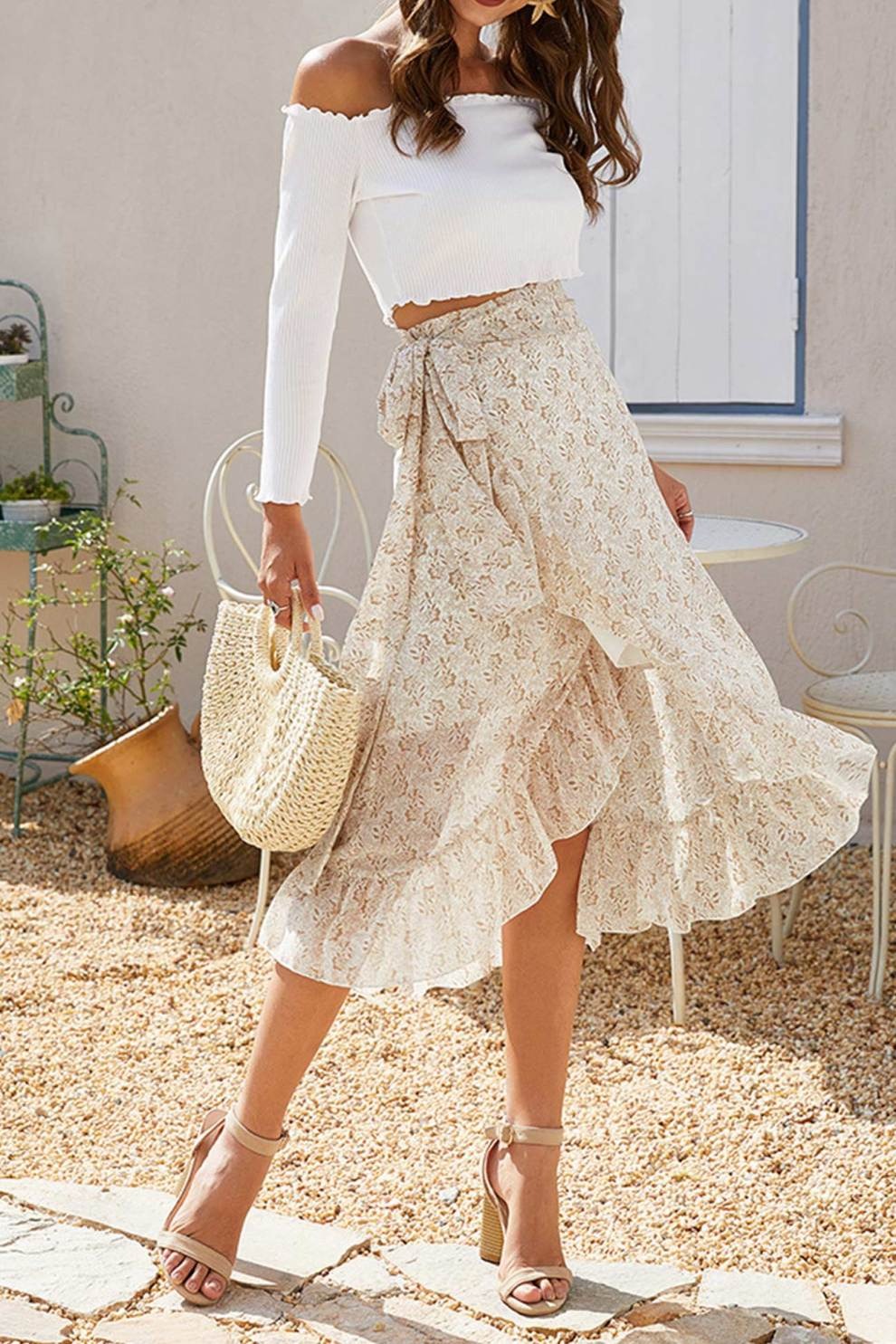 Floral Print Ruffle Slit Midi Skirt