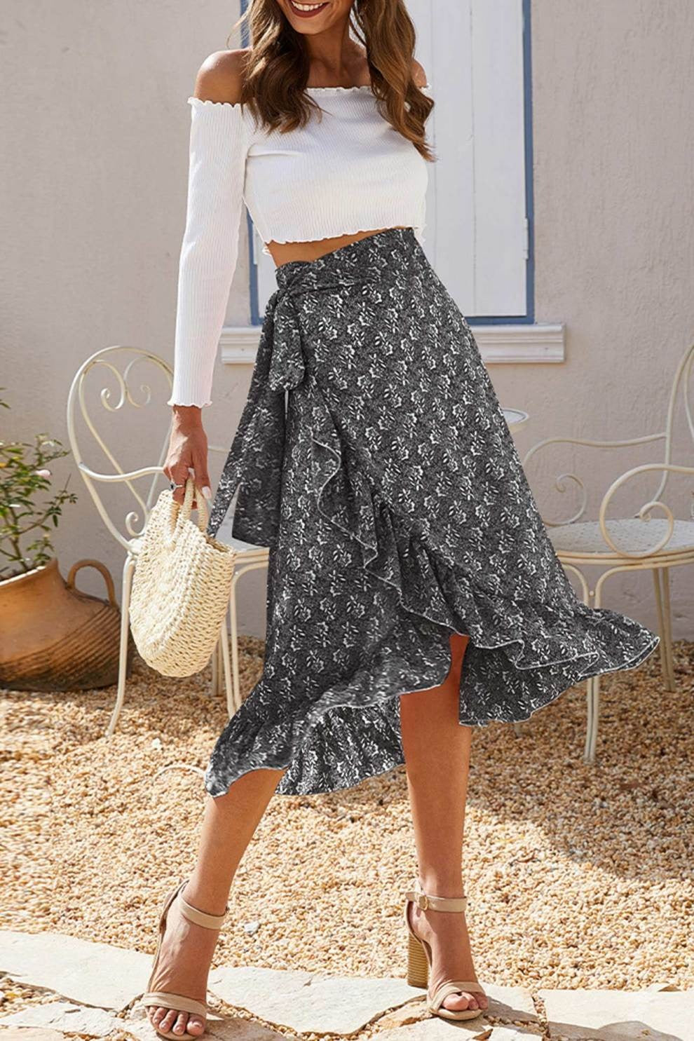 Floral Print Ruffle Slit Midi Skirt