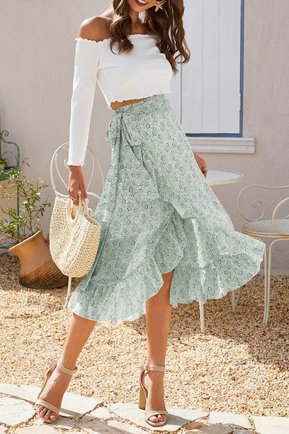Floral Print Ruffle Slit Midi Skirt