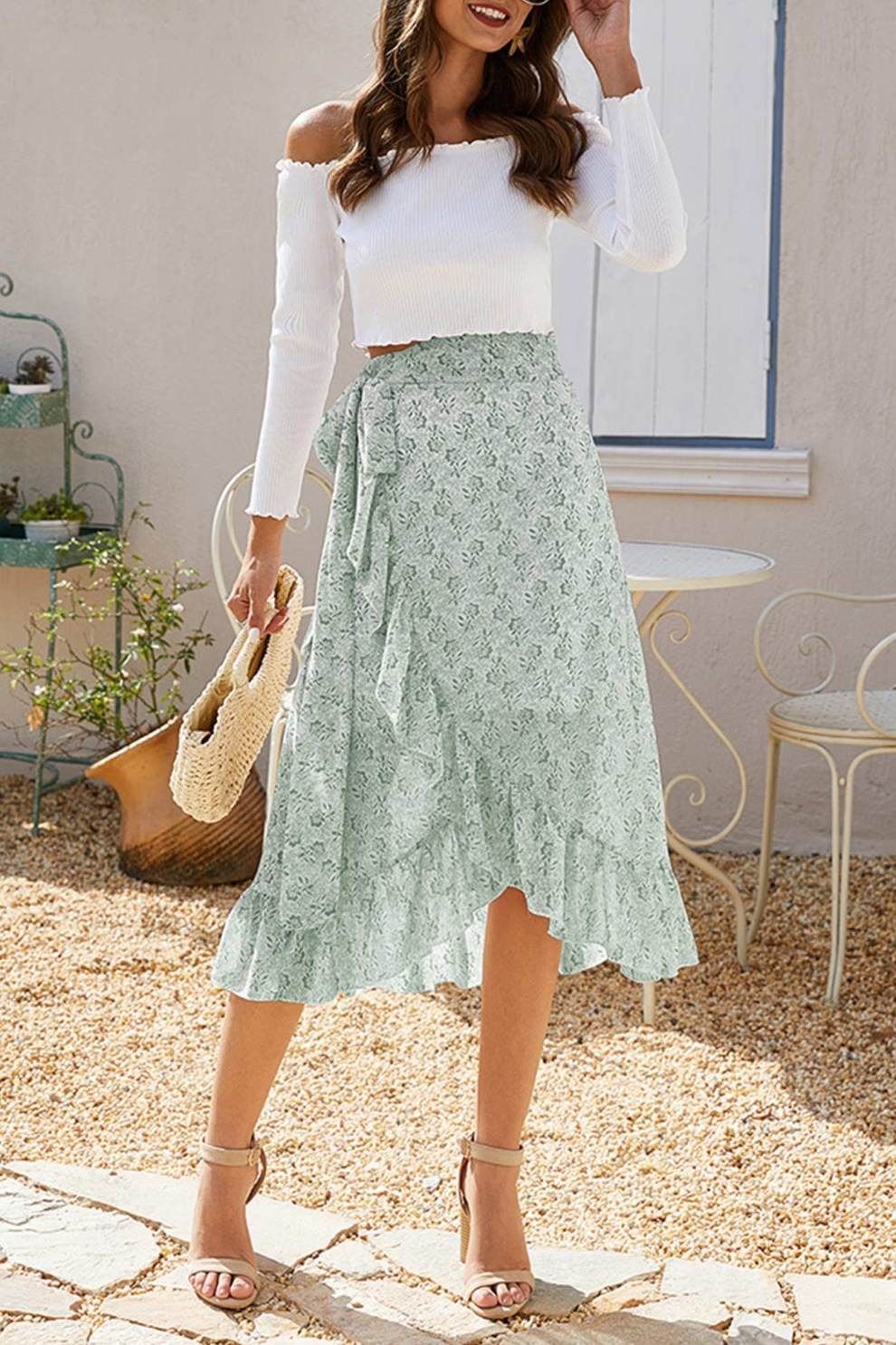 Floral Print Ruffle Slit Midi Skirt