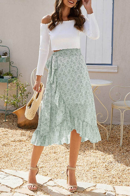 Floral Print Ruffle Slit Midi Skirt