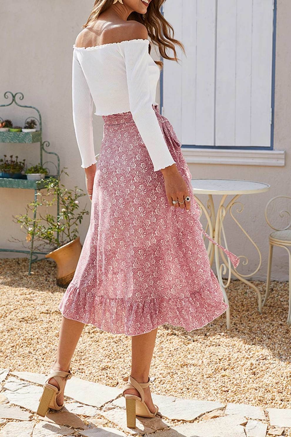 Floral Print Ruffle Slit Midi Skirt