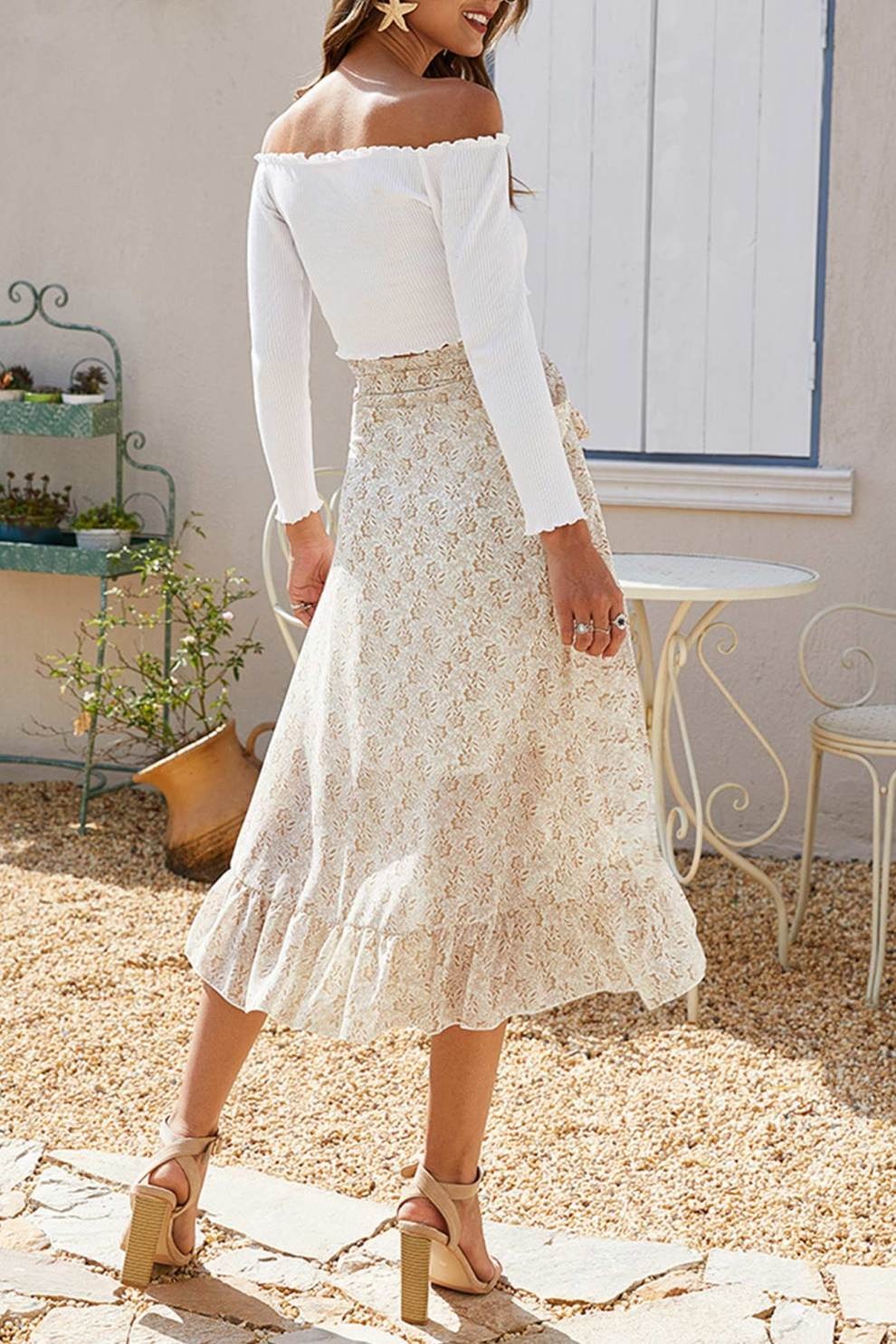 Floral Print Ruffle Slit Midi Skirt