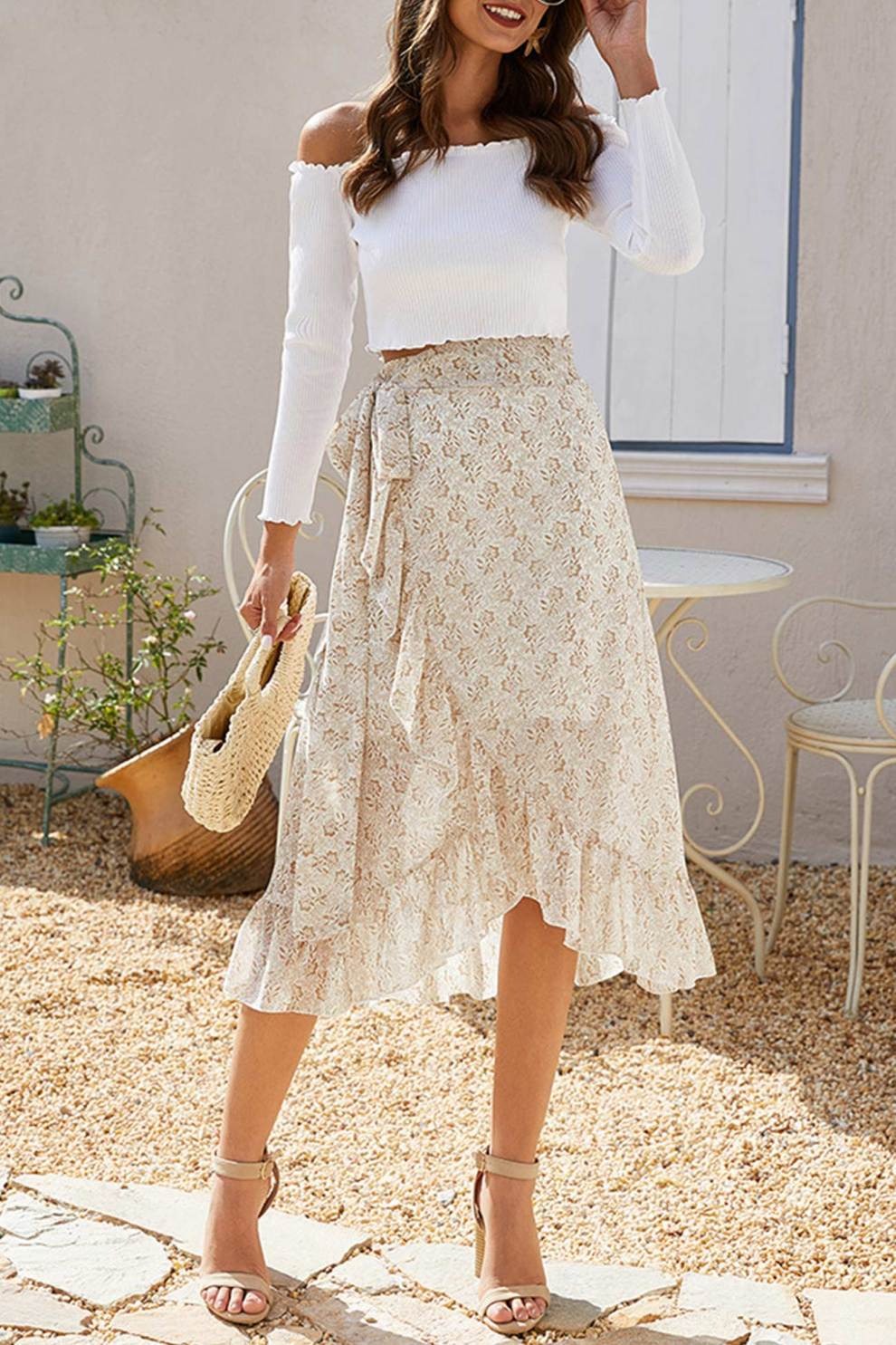 Floral Print Ruffle Slit Midi Skirt
