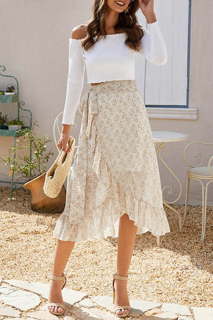 Floral Print Ruffle Slit Midi Skirt