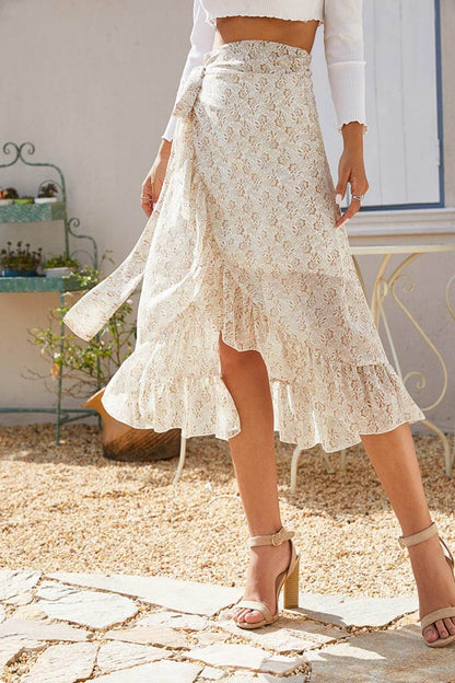 Floral Print Ruffle Slit Midi Skirt