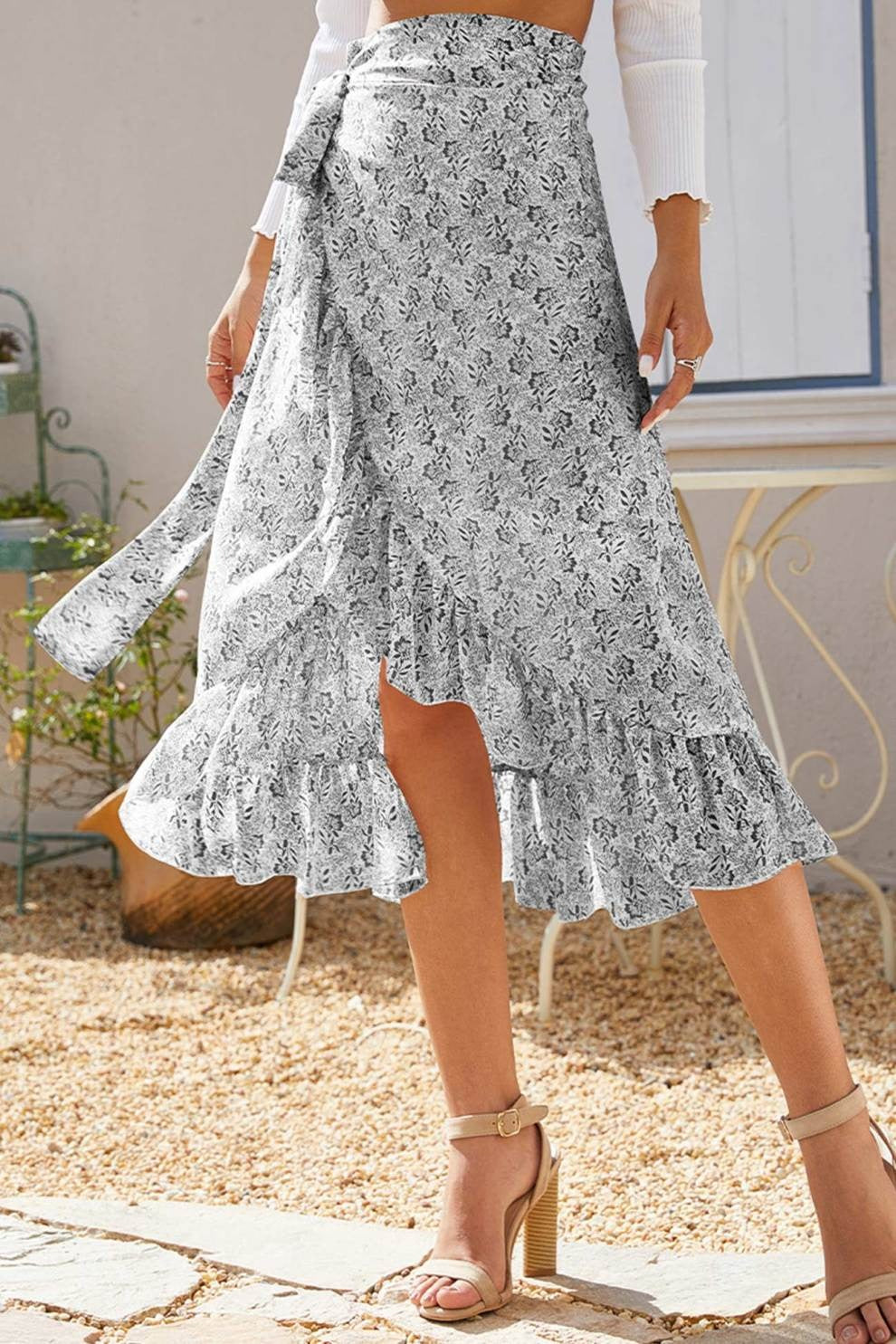 Floral Print Ruffle Slit Midi Skirt