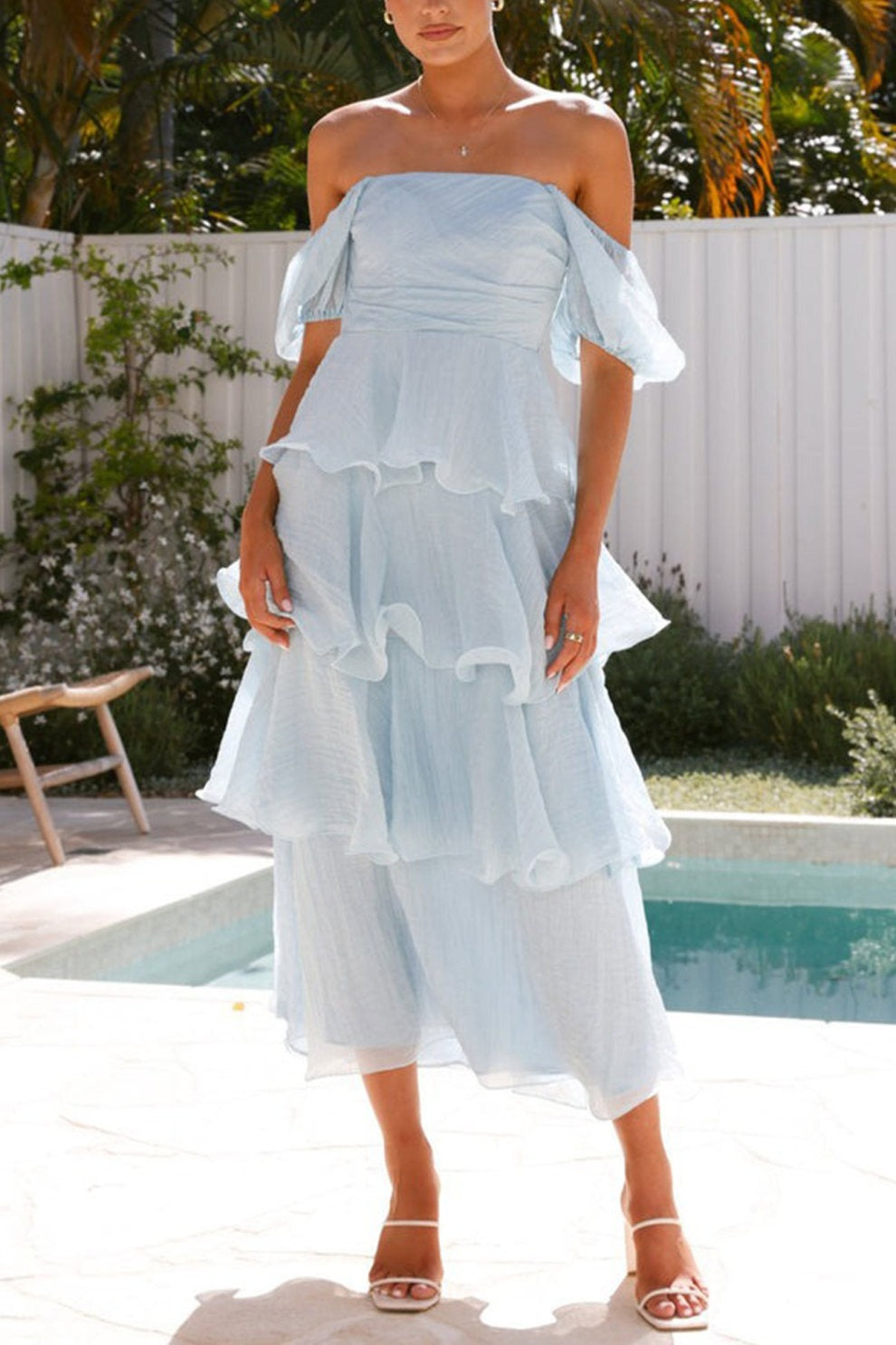 Puff Sleeve Backless Tiered Midi Dress