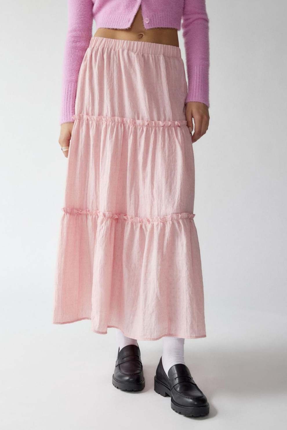 Solid Ruched Tiered Midi Skirt