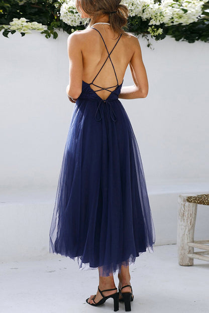 V Neck Mesh Tie-up Cami Dress