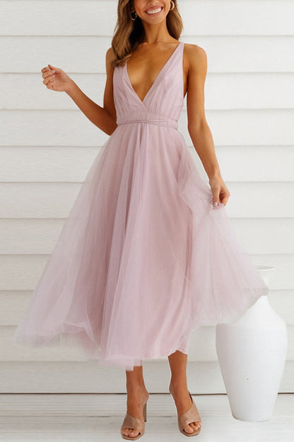 V Neck Mesh Tie-up Cami Dress
