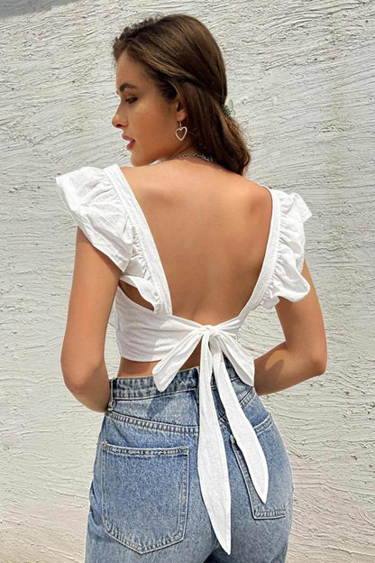 White Ruffled Tie-Back Crop Top