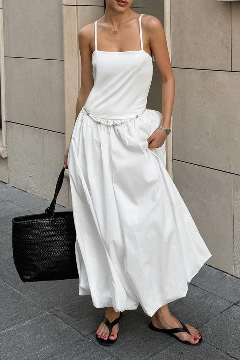 White Waisted Ballon Midi Dress