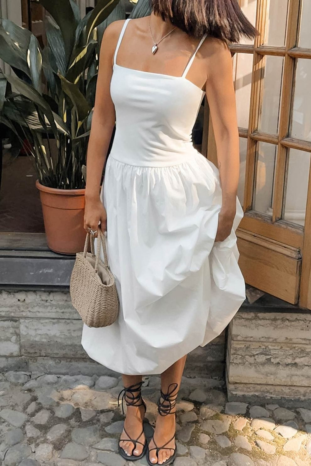 White Waisted Ballon Midi Dress